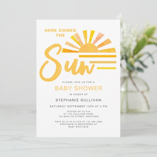 Hier komt het zonnezonneschijnse Baby shower Kaart (Staand voorkant)