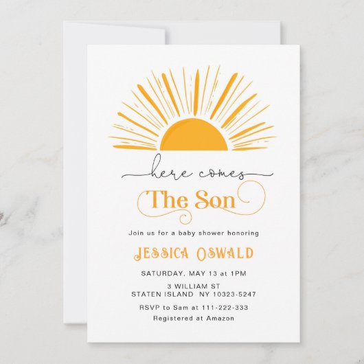 Hier komt het zoon baby shower kaart (Voorkant)