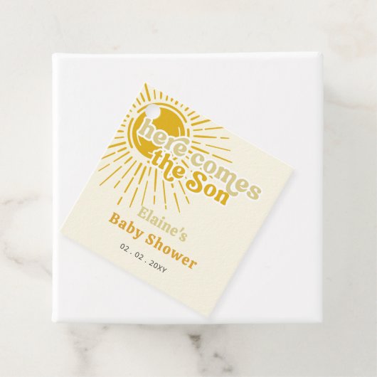 Hier komt het zoontje boho retro baby shower bedankjes labels (In situ)