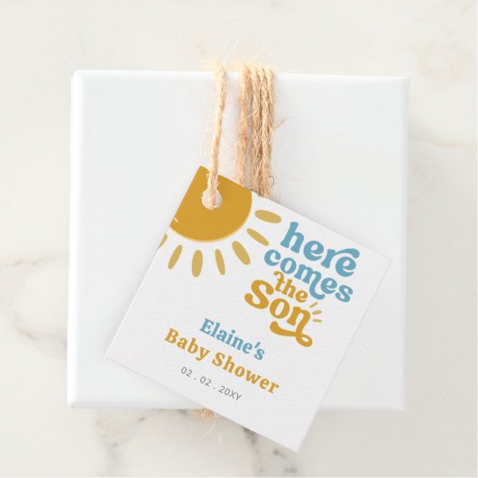 Hier komt het zoontje boho retro baby shower bedankjes labels (In situ)