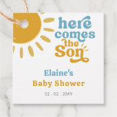 Hier komt het zoontje boho retro baby shower bedankjes labels (Voorkant)