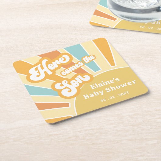 Hier komt het zoontje boho retro baby shower kartonnen onderzetters (Schuin)