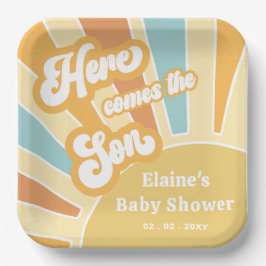Hier komt het zoontje boho retro baby shower papieren bordje