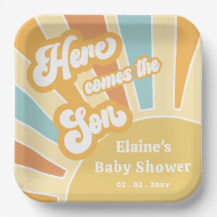Hier komt het zoontje boho retro baby shower papieren bordje