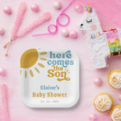 Hier komt het zoontje boho retro baby shower papieren bordje (Feest)