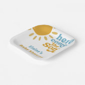 Hier komt het zoontje boho retro baby shower papieren bordje (Gebogen)