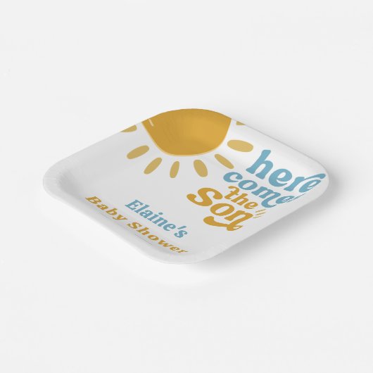 Hier komt het zoontje boho retro baby shower papieren bordje (Gebogen)