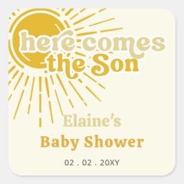 Hier komt het zoontje boho retro baby shower vierkante sticker