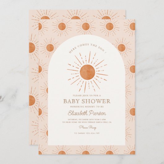 Hier komt het zoontje Burnt Oranje Sun Baby shower Kaart (Voorkant / Achterkant)