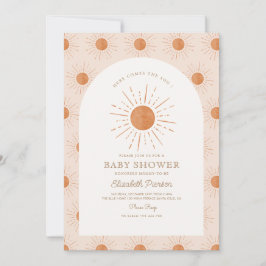Hier komt het zoontje Burnt Oranje Sun Baby shower Kaart