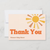 Hier komt het zoontje groovy retro baby shower bedankkaart (Voorkant)