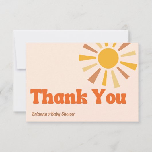 Hier komt het zoontje groovy retro baby shower bedankkaart (Voorkant)