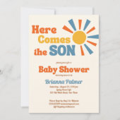 Hier komt het zoontje groovy retro baby shower kaart (Voorkant)