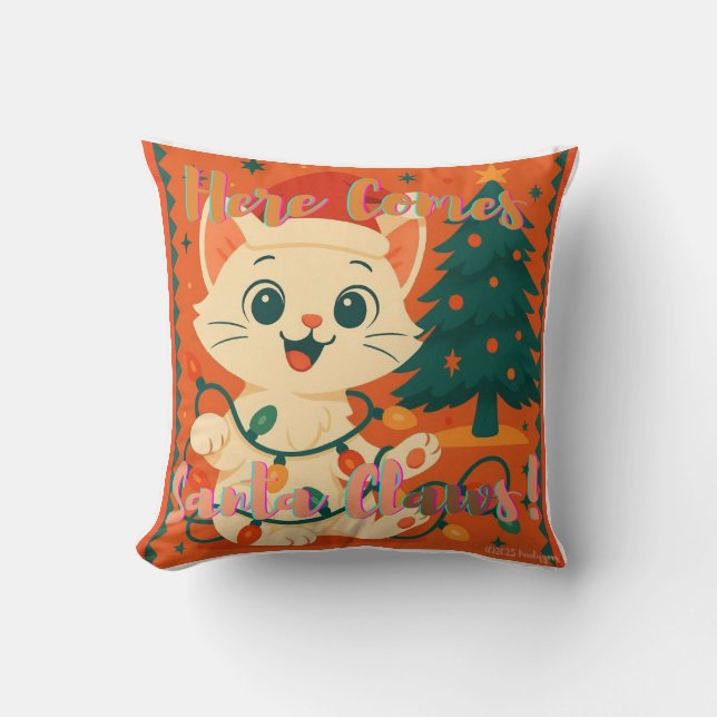 Hier komt Kerstman Klauw! Grappige Kerstman Kat Kussen (Voorkant)