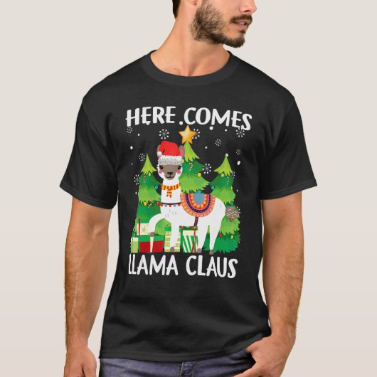 Hier komt Llama Claus kerstboom Llama Xmas 2 T-shirt (Voorkant)