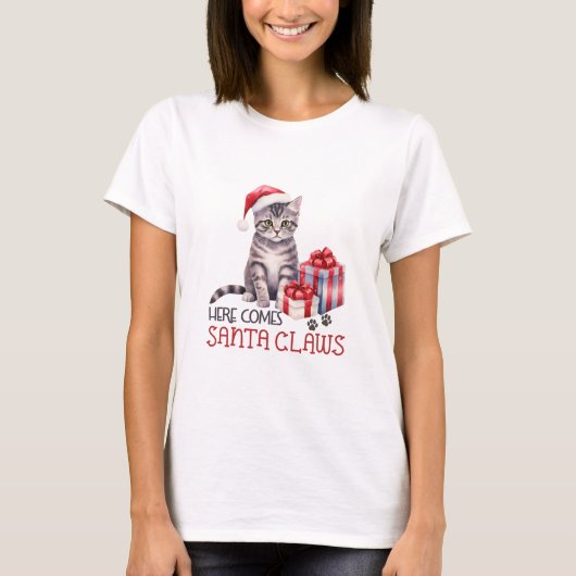 Hier komt Santa Claws Cat T-shirt (Voorkant)