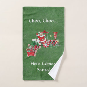 Hier komt Santa on Snoep Train Green Handdoek