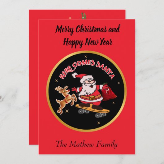 HIER KOMT SANTA OP SKATEBOARD CHRISTMAS FEESTDAGENKAART (Voorkant / Achterkant)