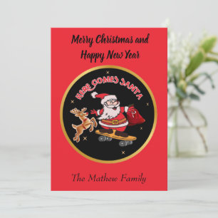 HIER KOMT SANTA OP SKATEBOARD CHRISTMAS FEESTDAGENKAART