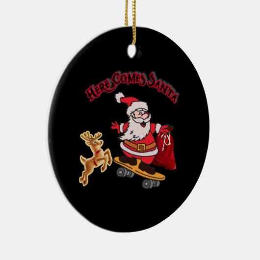 HIER KOMT SANTA OP SKATEBOARD CHRISTMAS KERAMISCH ORNAMENT (Rechts)