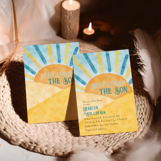 Hier komt Son Sunshine Blue Yellow Baby shower Kaart