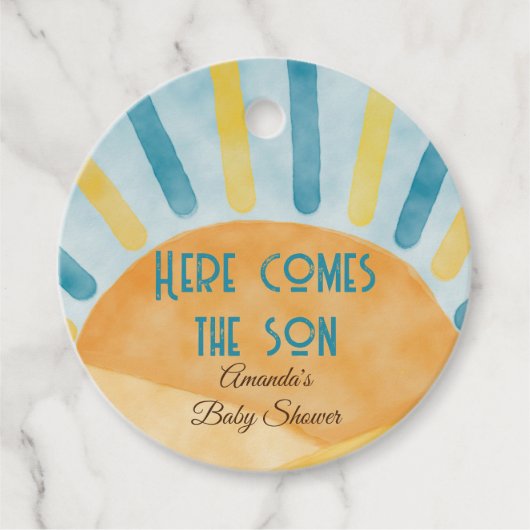 Hier komt Sunshine Blue Ray Baby shower cadeau Bedankjes Labels (Voorkant)