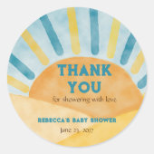 Hier komt Zonneblauw Baby shower Dank u Ronde Sticker (Voorkant)