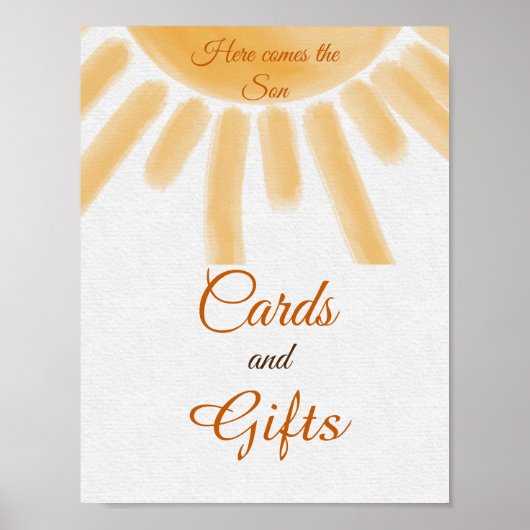 Hier komt Zoon-geelzonnige Baby shower Favor Poster (Voorkant)