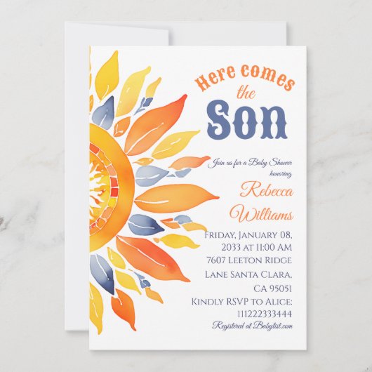 Hier komt Zoon Sunshine Blue Ray Boy Baby shower Kaart (Voorkant)