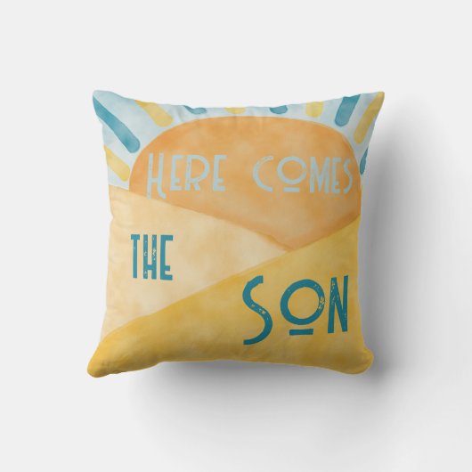 Hier komt Zoon Sunshine Blue Ray Boy Baby shower Kussen (Achterkant)