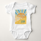 Hier komt Zoon Sunshine Blue Ray Boy Baby shower Romper (Voorkant)