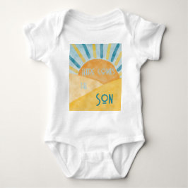 Hier komt Zoon Sunshine Blue Ray Boy Baby shower Romper