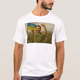 Hier neemt President Volodymyr Zelensky het op teg T-shirt