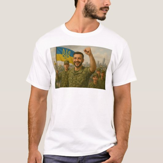 Hier neemt President Volodymyr Zelensky het op teg T-shirt (Voorkant)