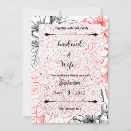 High-Contrast Red Speckle & Black Line Art Floral Kaart