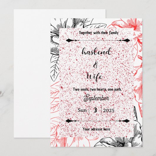 High-Contrast Red Speckle & Black Line Art Floral Kaart (Voorkant / Achterkant)