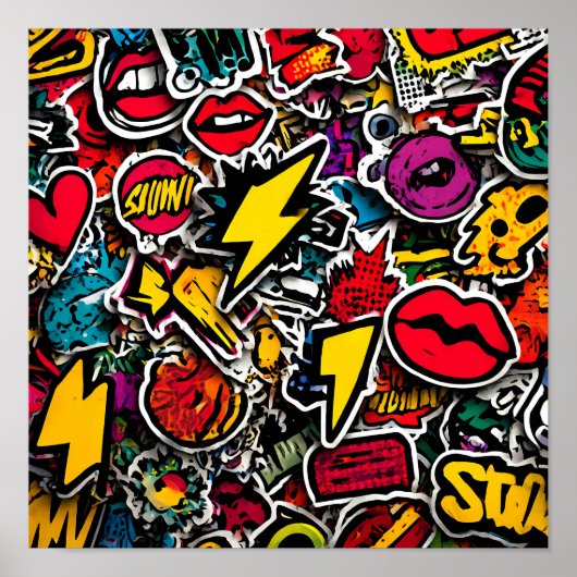 High-Energy Urban Decor: Seamless Retro Sticker Poster (Voorkant)