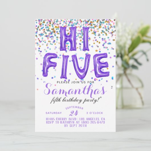 High Five 5th Birthday Confetti Invitation Kaart (Staand voorkant)