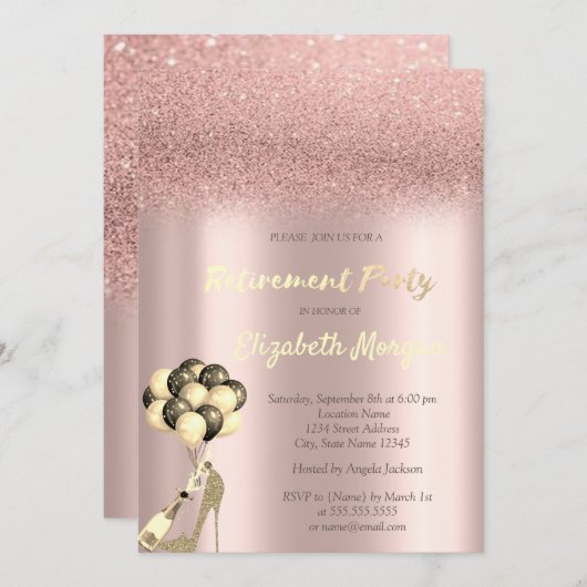 High Heel Roos Gold Glitter Bokeh Pensioen Partij Kaart (Voorkant / Achterkant)