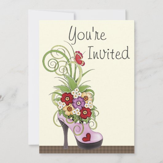 High Heel Schoen en Bloemen Verjaardag Uitnodiging (Voorkant)