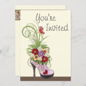 High Heel Schoen en Bloemen Verjaardag Uitnodiging (Voorkant / Achterkant)