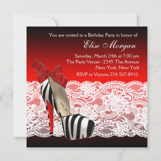 High Heel Schoenen Zwart Rood Zebra Party Kaart (Achterkant)