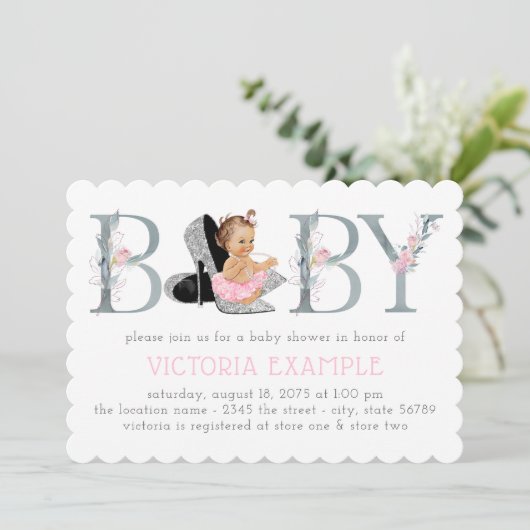 High Heel Shoe Baby Girl Douche Uitnodigingen (Staand voorkant)