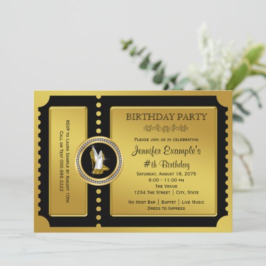 High Heel Shoe Golden Ticket Verjaardagsfeest Kaart (Staand voorkant)