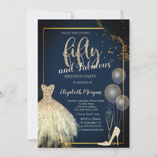 High Heels,Dress,Stars Navy Blue 50th Birthday  Kaart (Voorkant)