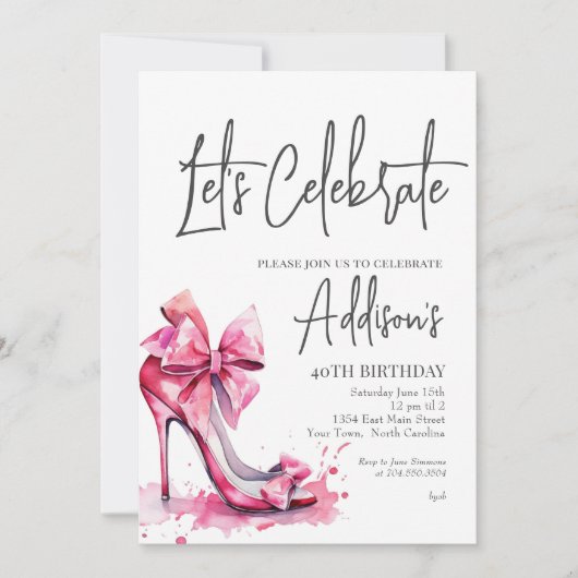 High Heels Pink bow 40th Birthday Party Invitation Kaart (Voorkant)