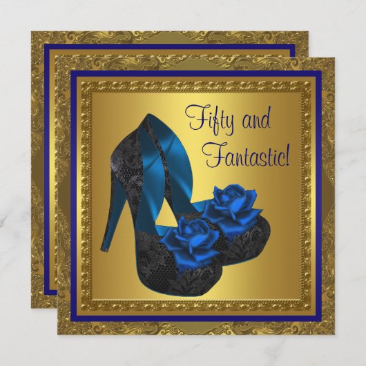 High Heels Royal Blue en Gold 50e verjaardag Kaart (Voorkant / Achterkant)