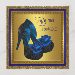 High Heels Royal Blue en Gold 50e verjaardag Kaart