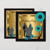 High Hiel Floral Blauwgroen Black Birthday Party Kaart (Voorkant / Achterkant)