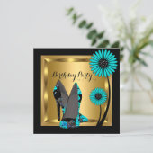 High Hiel Floral Blauwgroen Black Birthday Party Kaart (Staand voorkant)